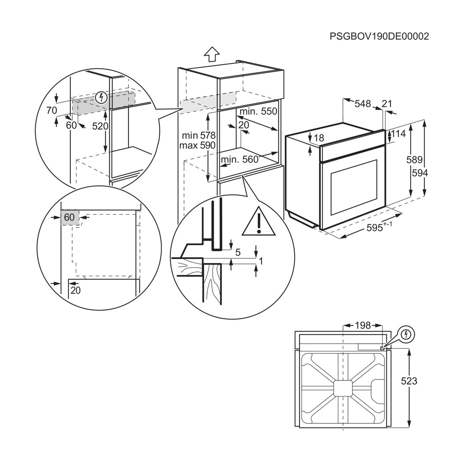 Disegno tecnico che mostra le dimensioni di installazione per un forno da incasso.
