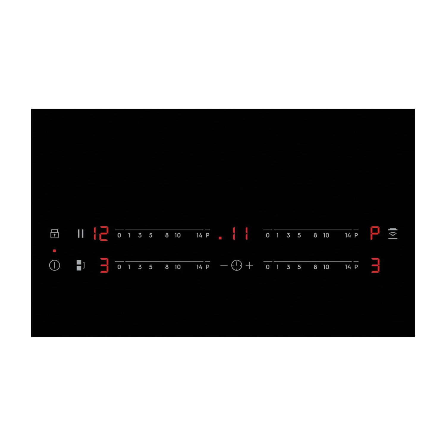 Un piano cottura a induzione nero con comandi a sfioramento e display digitali rossi con numeri e livelli.