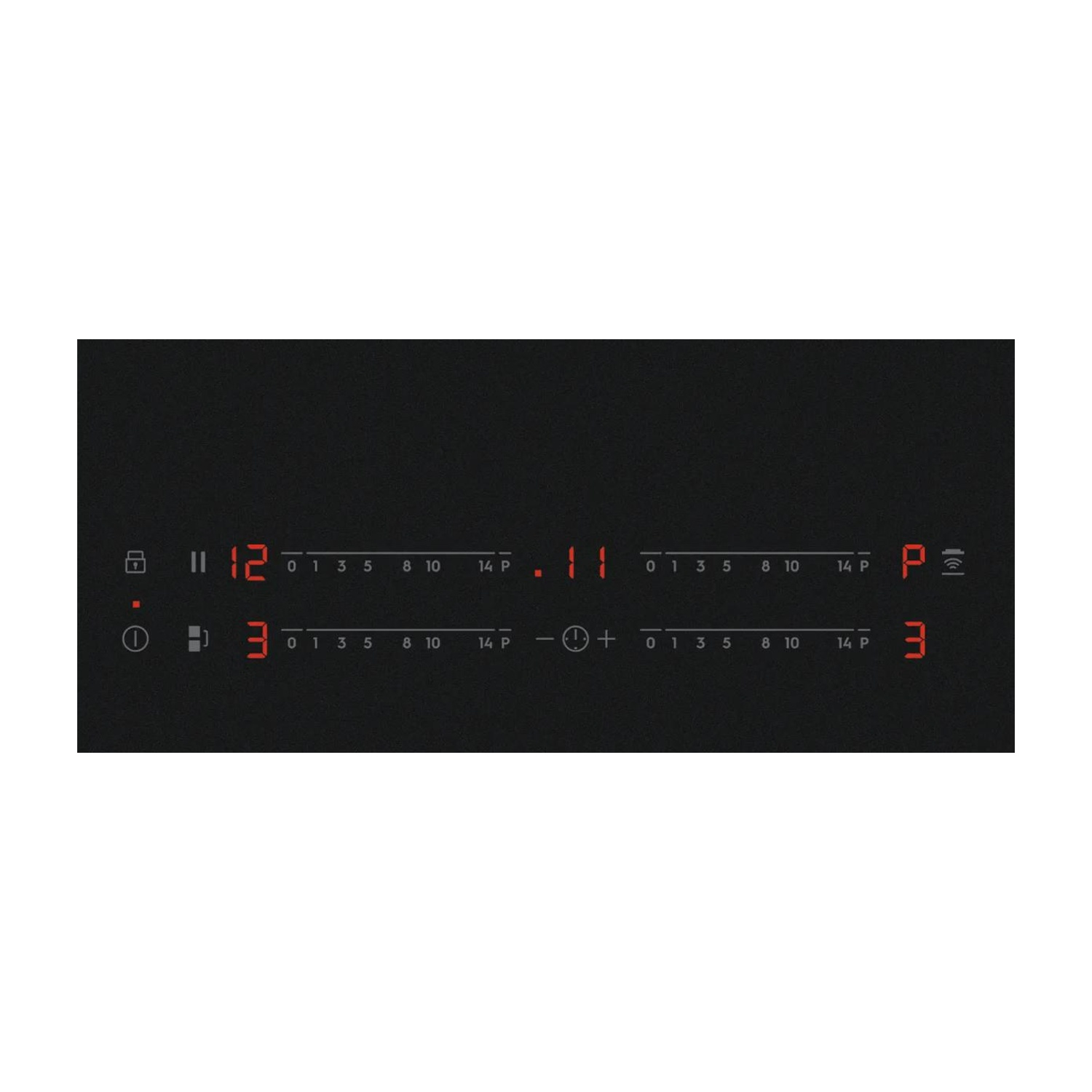 Piano cottura a induzione nero con display LED rossi e controlli touch.