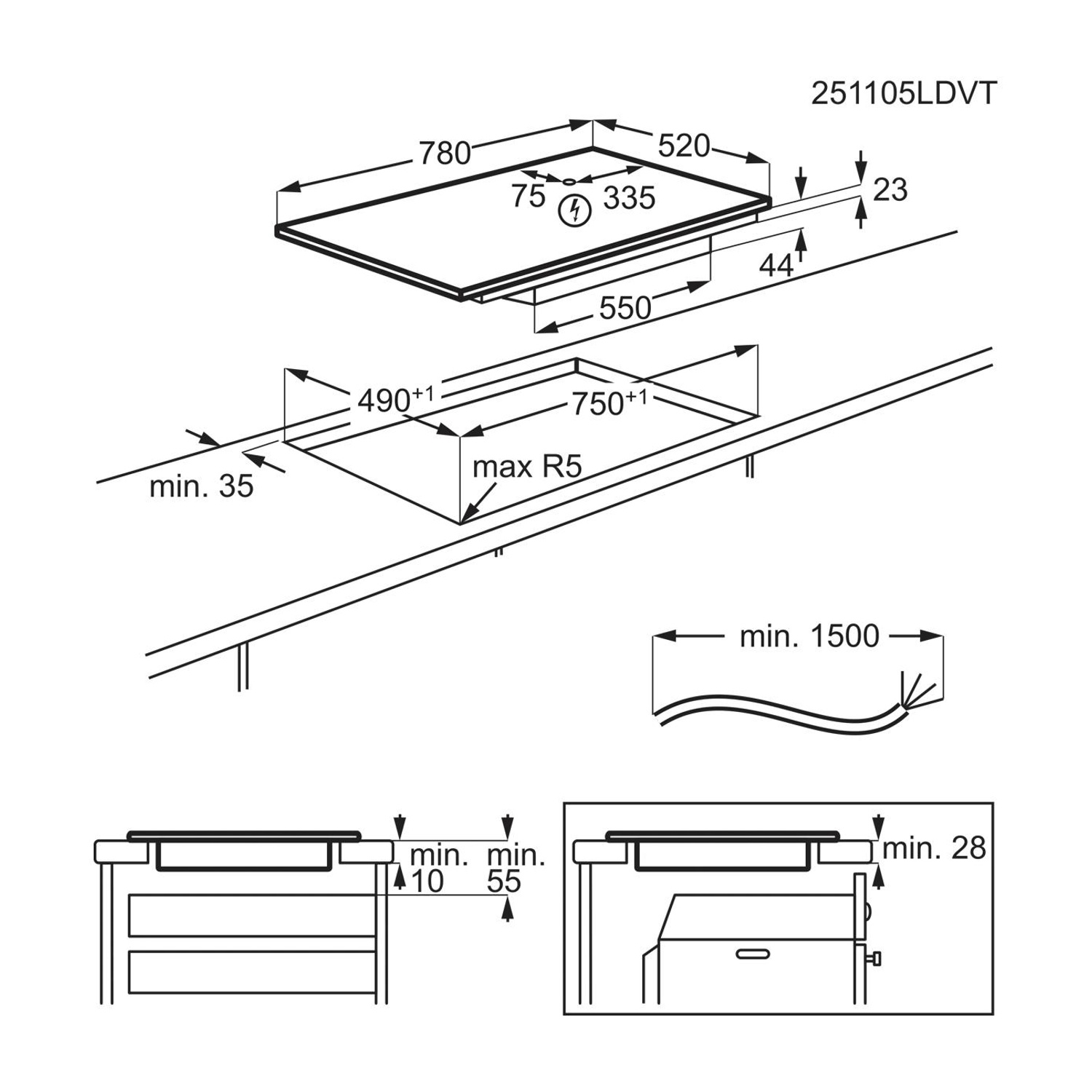 Disegno tecnico di un piano cottura con quote di installazione in millimetri.