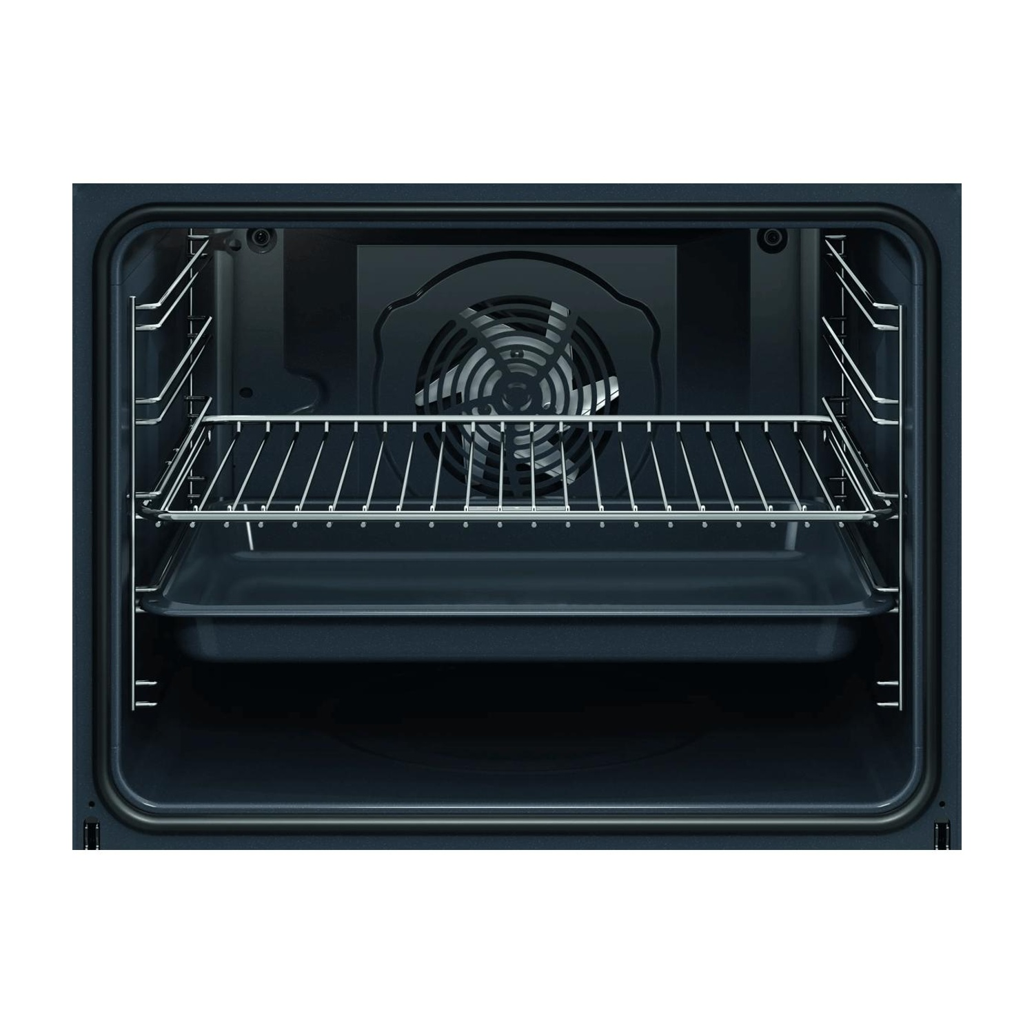 Vista interna di un forno nero con una griglia metallica e una teglia.