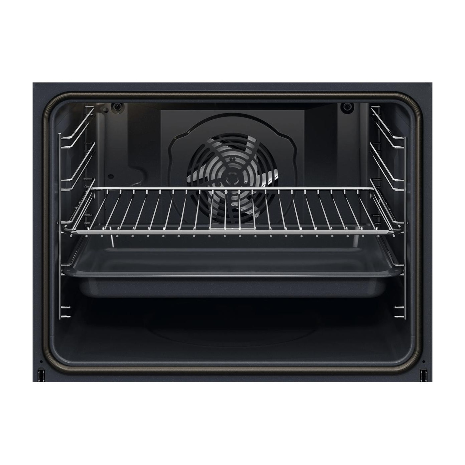 Interno di un forno nero con una griglia metallica e una teglia da forno al livello inferiore.