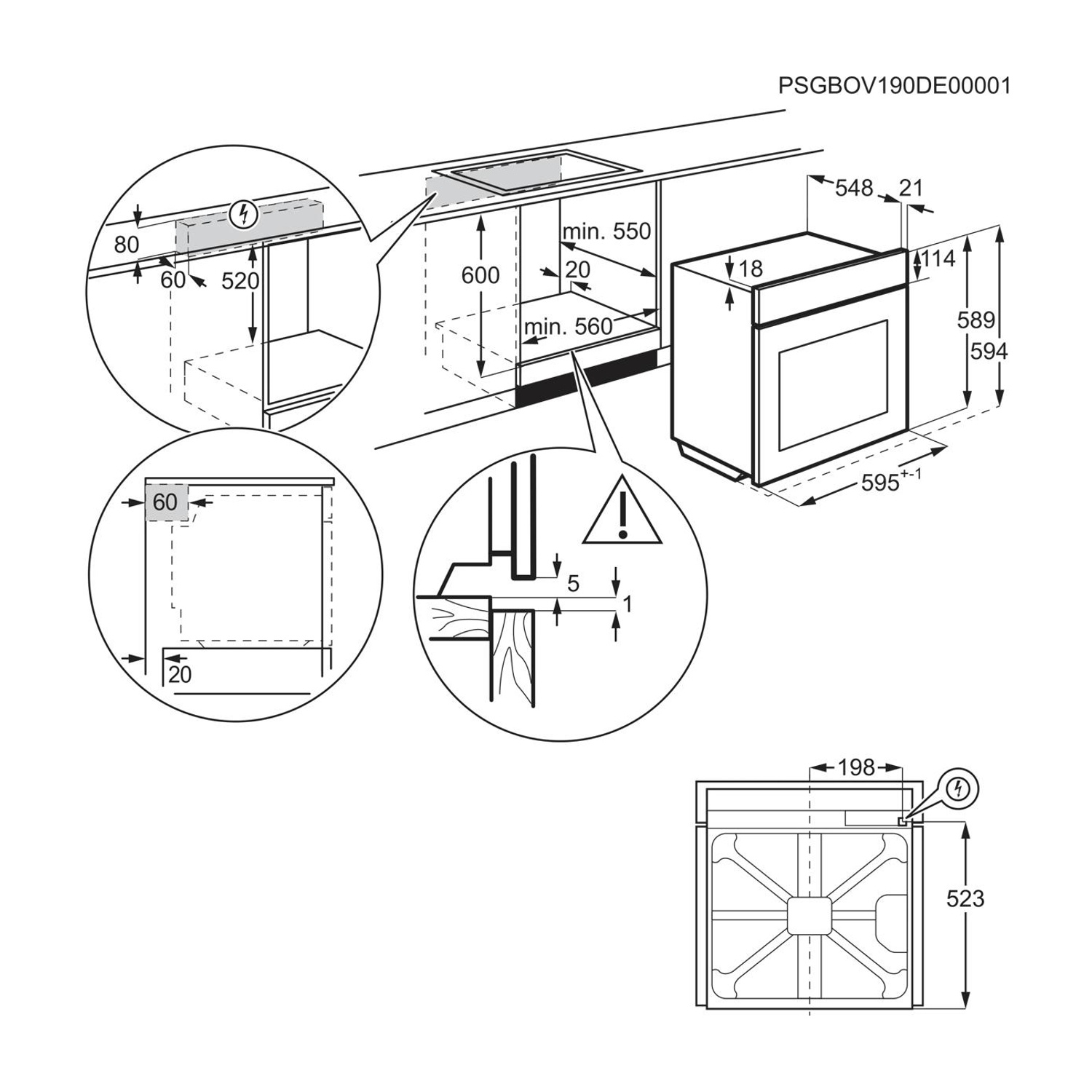 Disegno tecnico delle dimensioni di un forno incassato con misure di installazione.