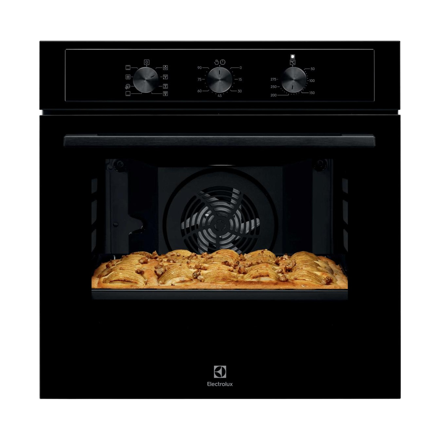 Un forno Electrolux nero con tre manopole mostra una torta su una teglia all'interno, davanti a una ventola.