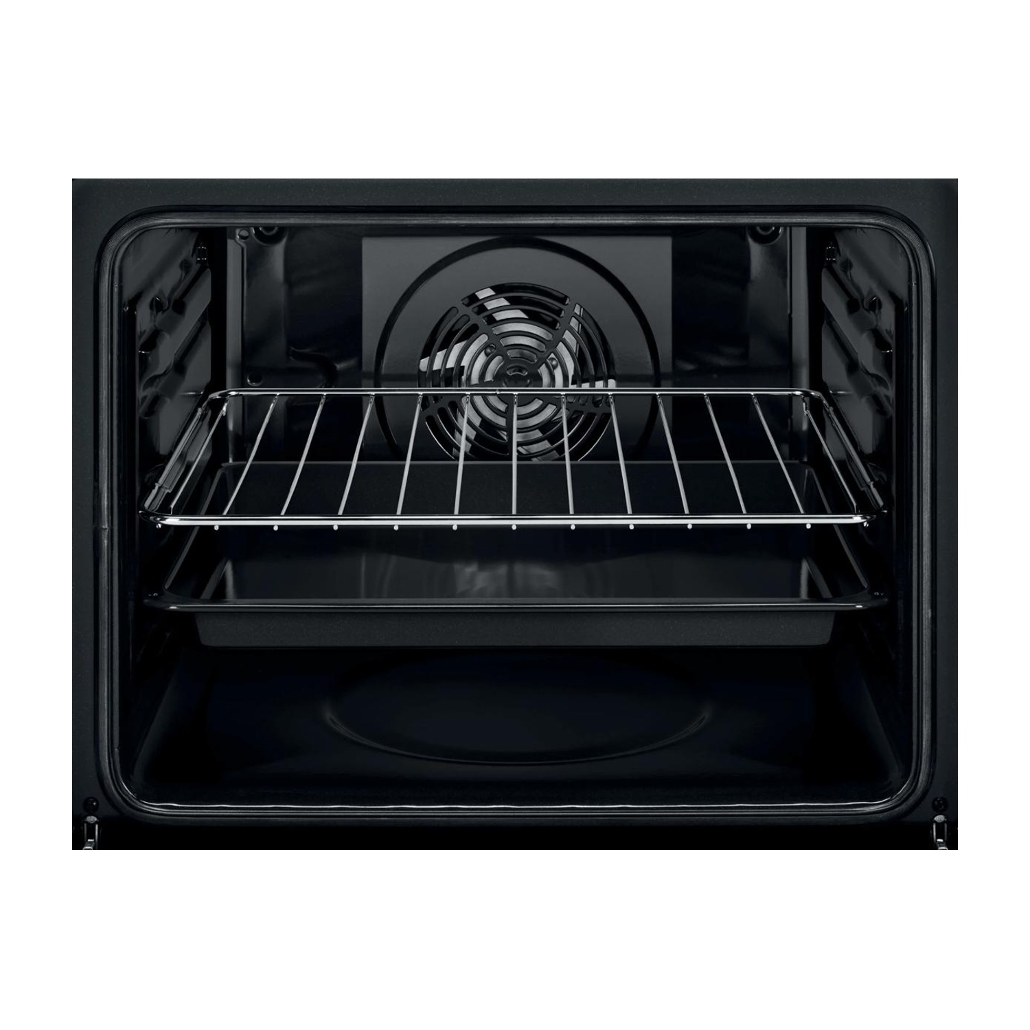 L'interno di un forno nero con una griglia metallica e una teglia.
