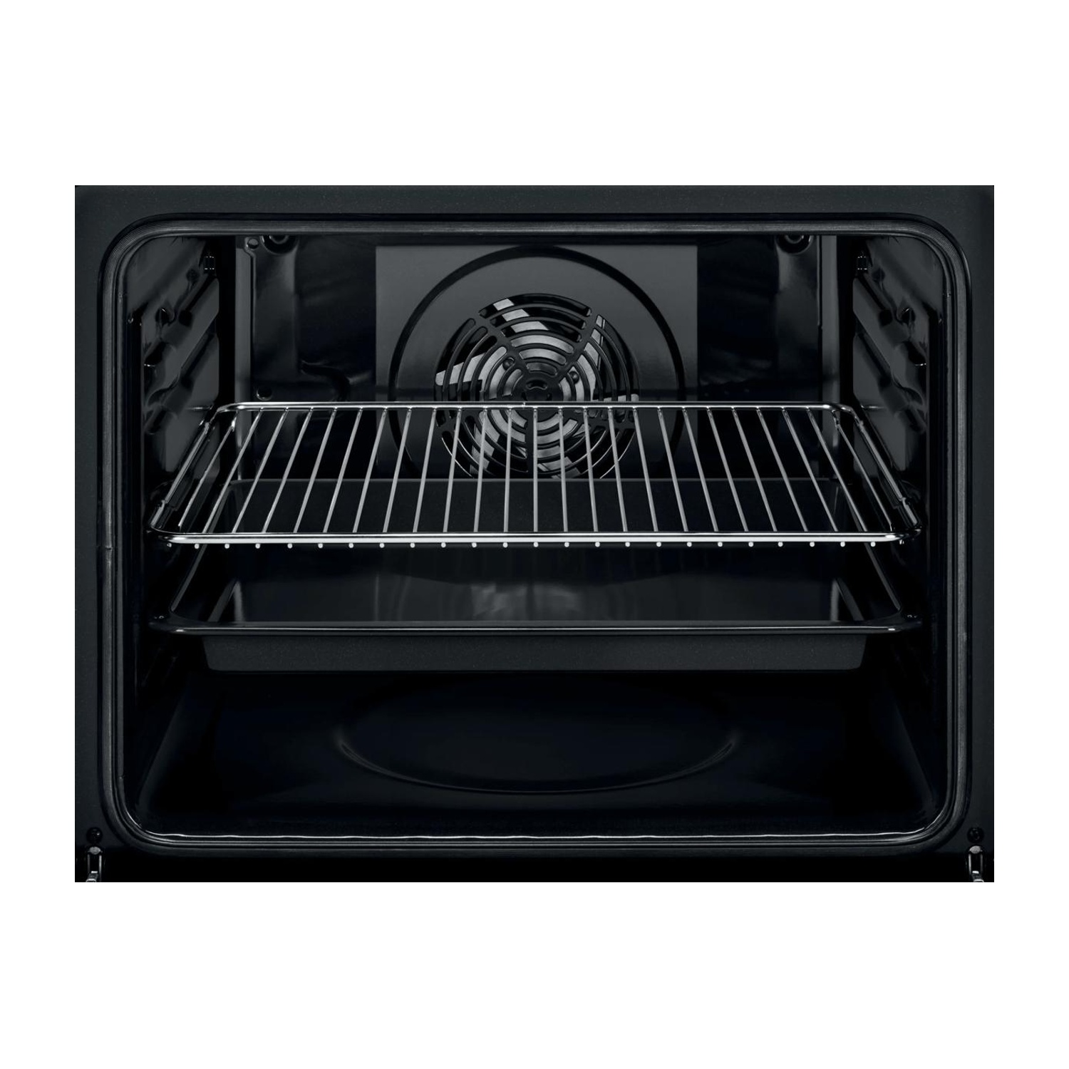 Vista interna di un forno nero con una griglia metallica e una teglia.