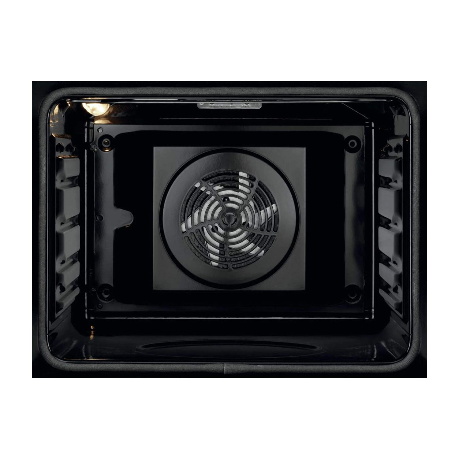 Vista interna di un forno nero vuoto con ventola di convezione rotonda, guide laterali e luce.