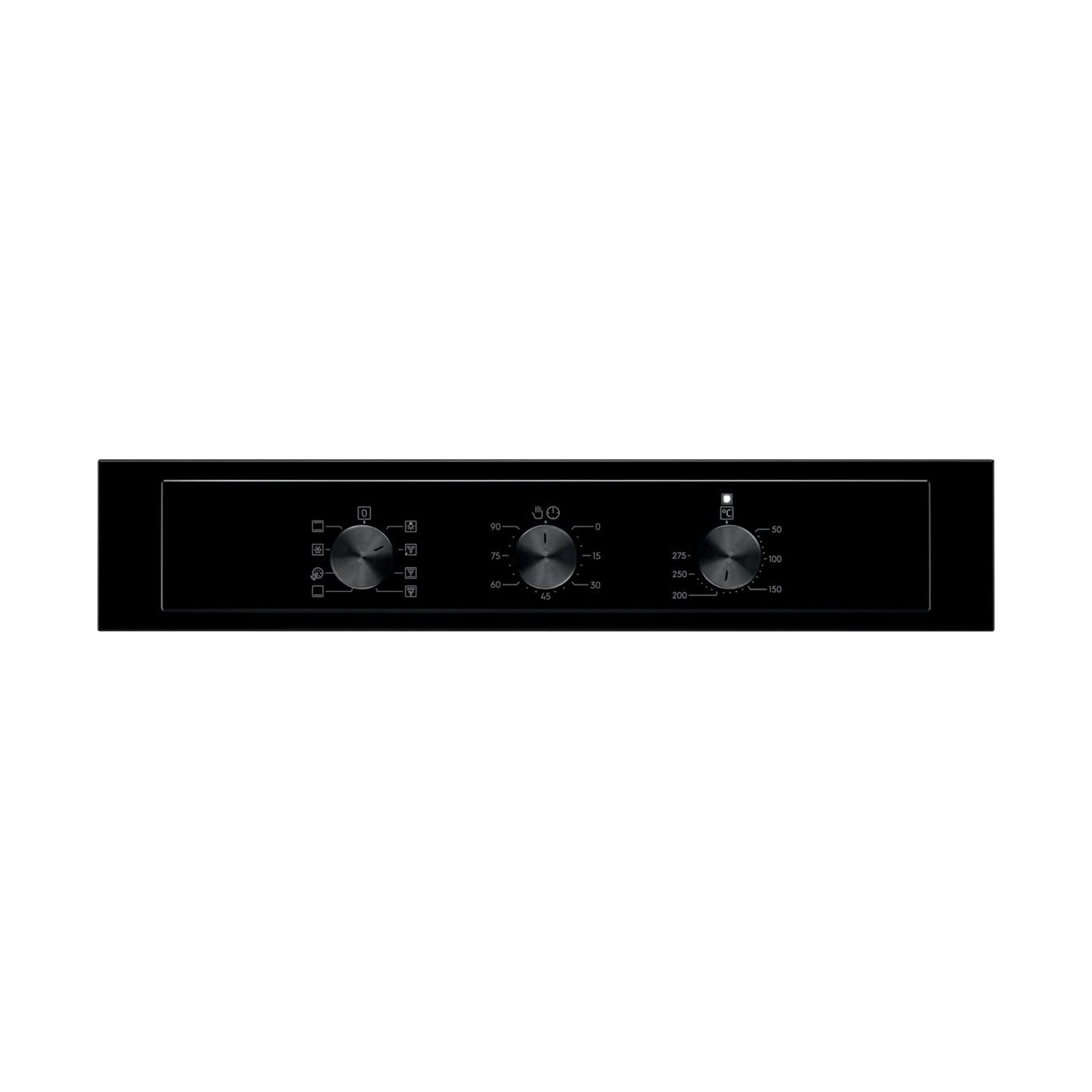 Un pannello di controllo nero con tre manopole metalliche rotonde per funzioni forno, timer e temperatura.