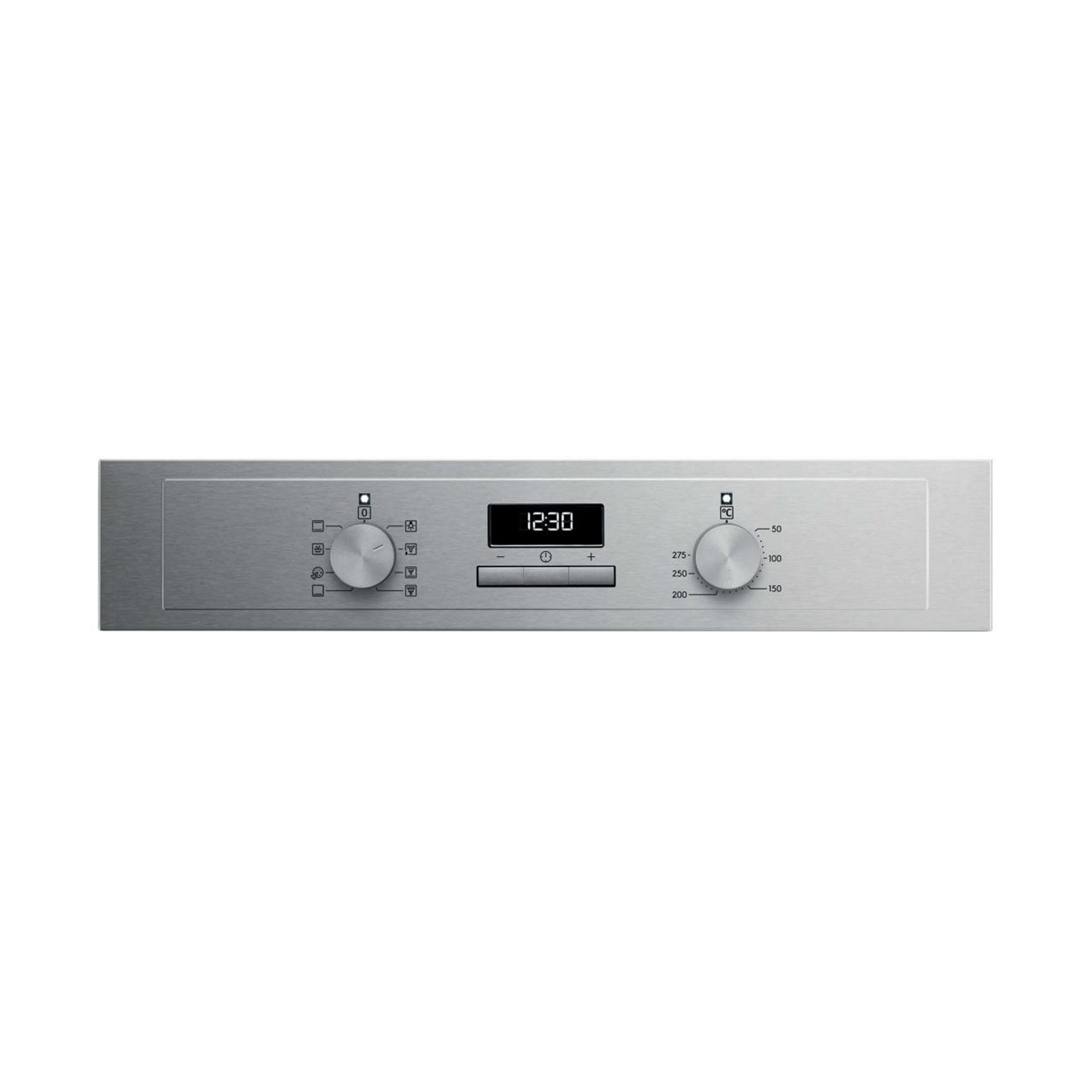 Pannello di controllo forno in acciaio inossidabile con due manopole, display digitale e tre pulsanti.