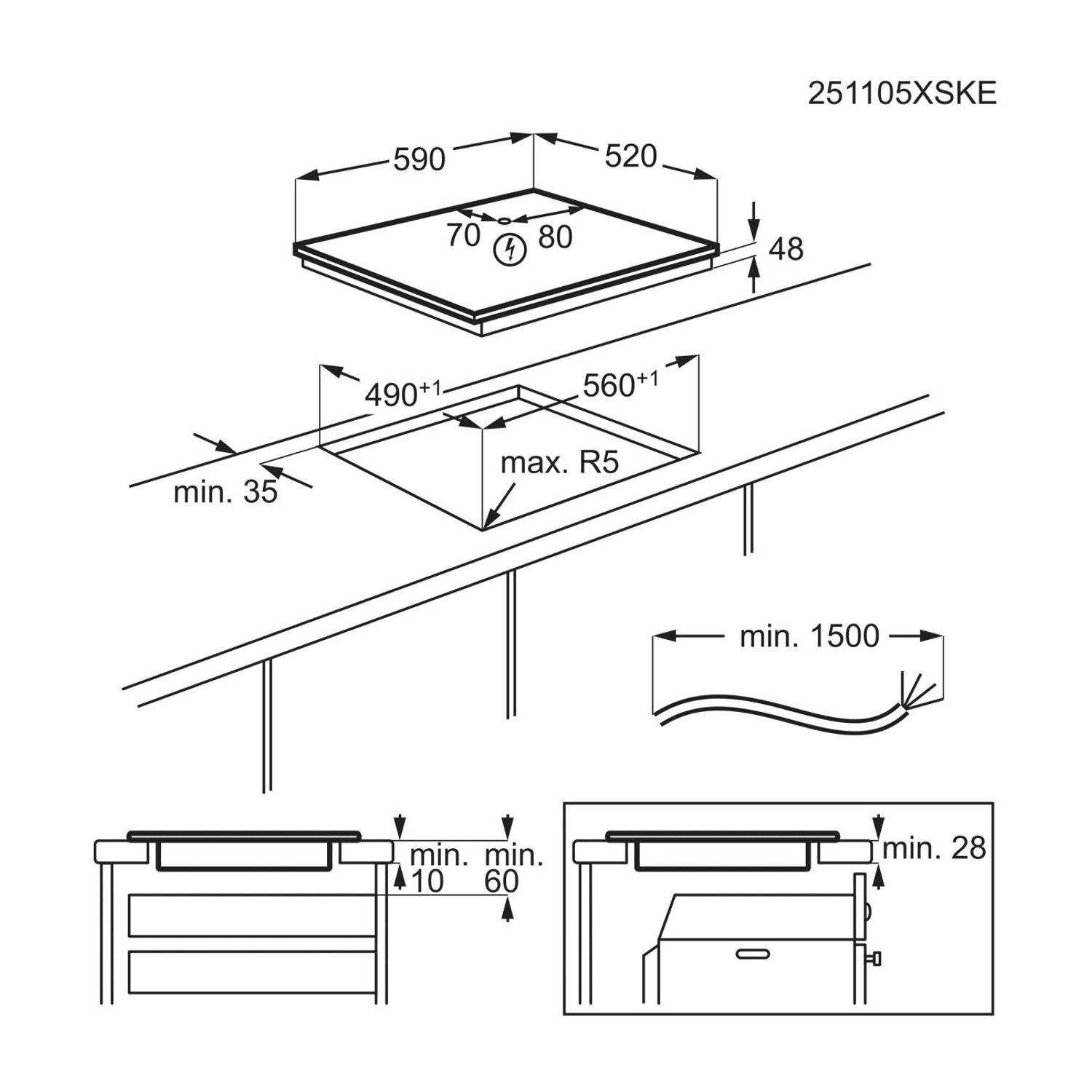 Disegno tecnico con le dimensioni di installazione per un piano cottura.