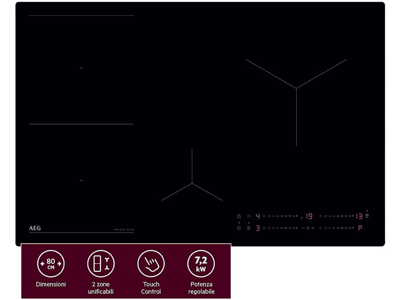 AEG TO84IB00IB PIANO COTTURA A INDUZIONE, 4 zone di cottura, dimensioni: L 77 cm, P 51 piano in Vetroceramica, Vetroceramica Nero