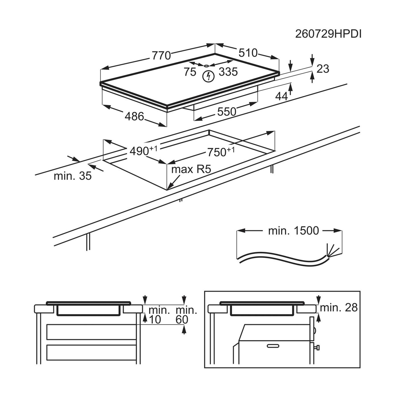 Disegno tecnico con dimensioni per un piano cottura a incasso e misure di taglio.