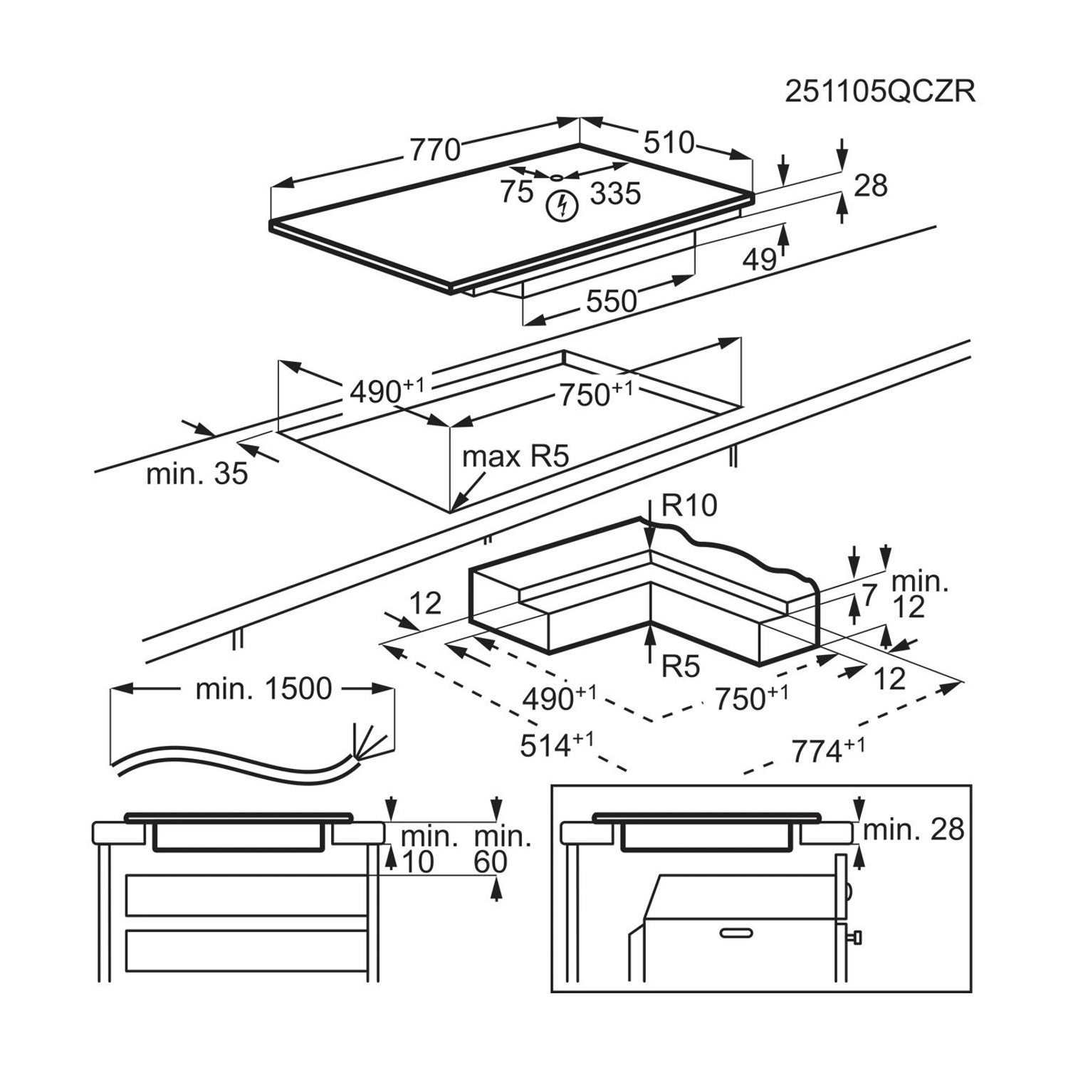 Disegno tecnico di un piano cottura con quote di installazione e distanze.