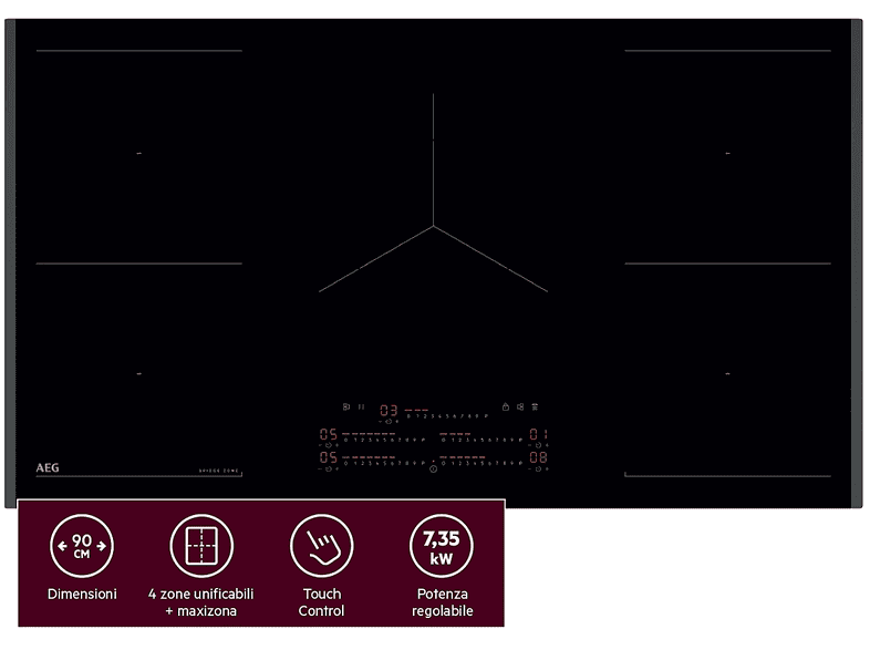 AEG TK95IN00FB PIANO COTTURA A INDUZIONE, 5 zone di cottura, dimensioni: L 91 cm, P 52 piano in Vetroceramica, Nero