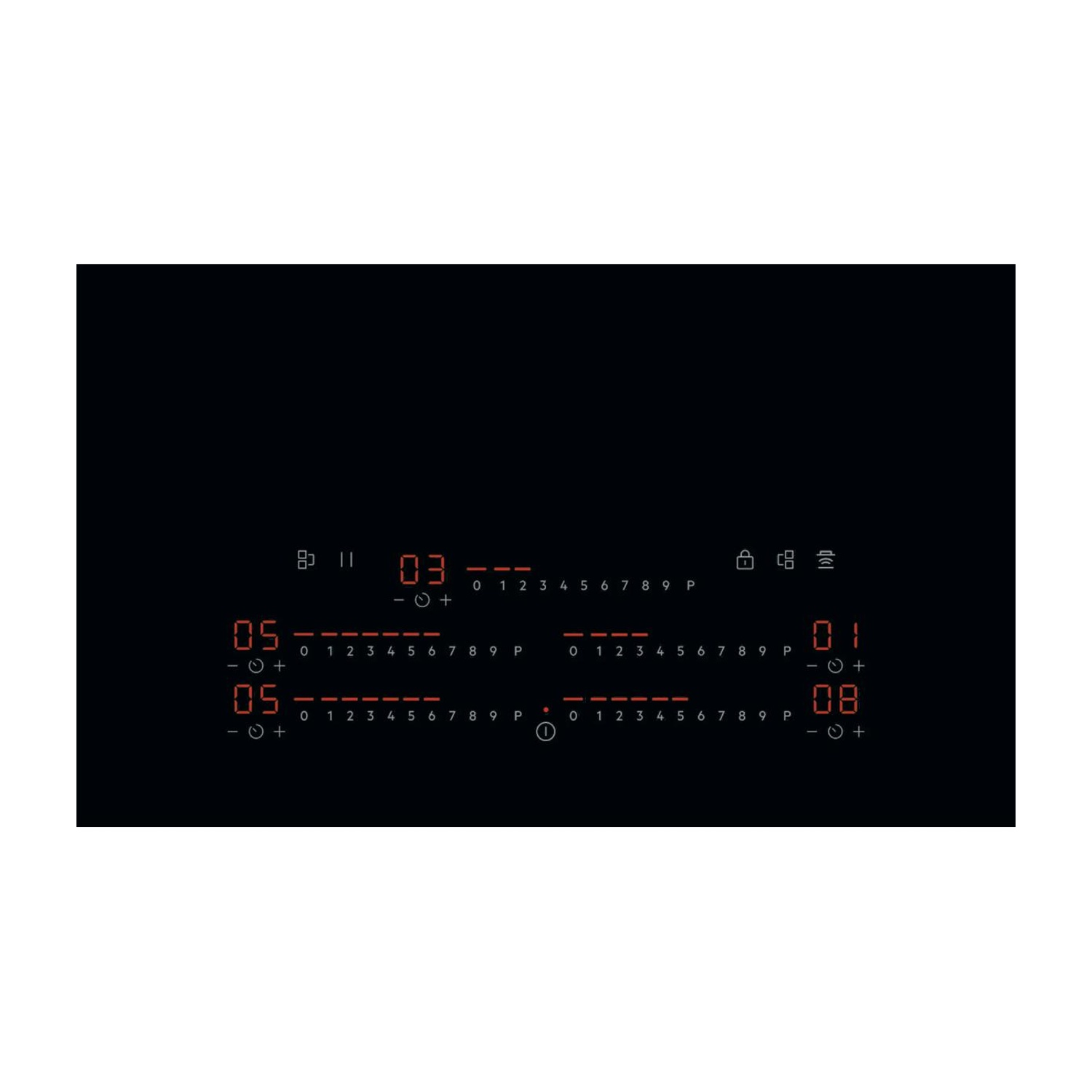 Piano cottura a induzione nero con display LED rossi e comandi a sfioramento.