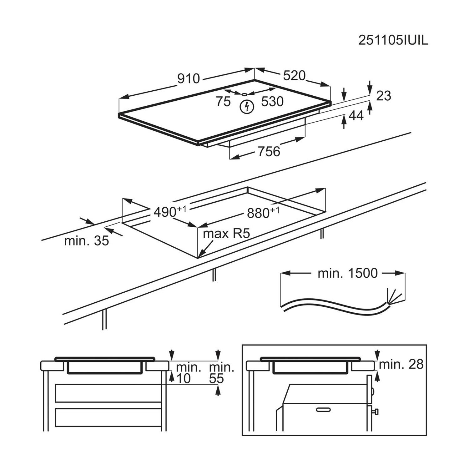 Schema tecnico con le dimensioni di installazione per un piano cottura, incluse misure di foro e distanze.