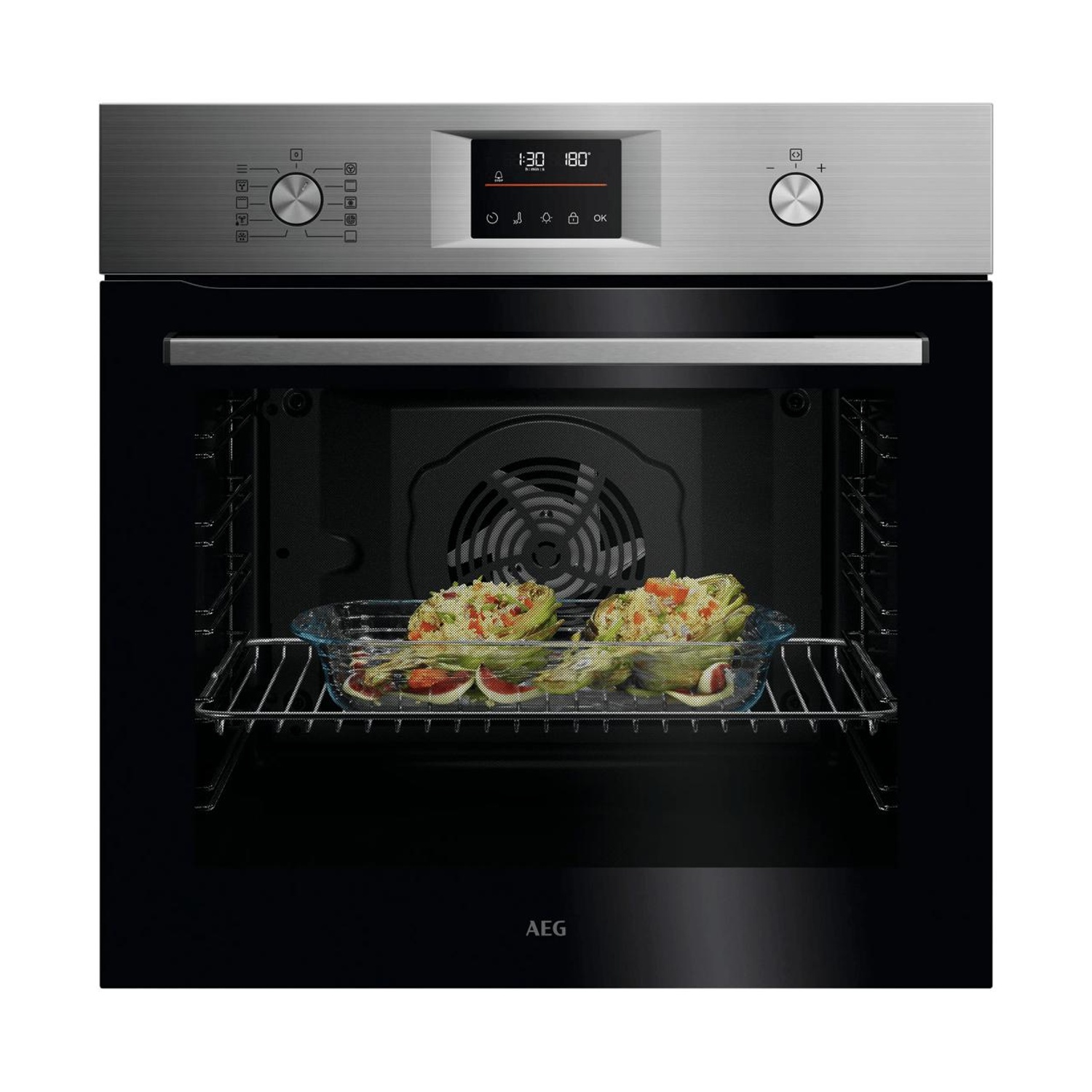 Un moderno forno da incasso AEG con pannello in acciaio inossidabile, display digitale e carciofi ripieni all'interno.