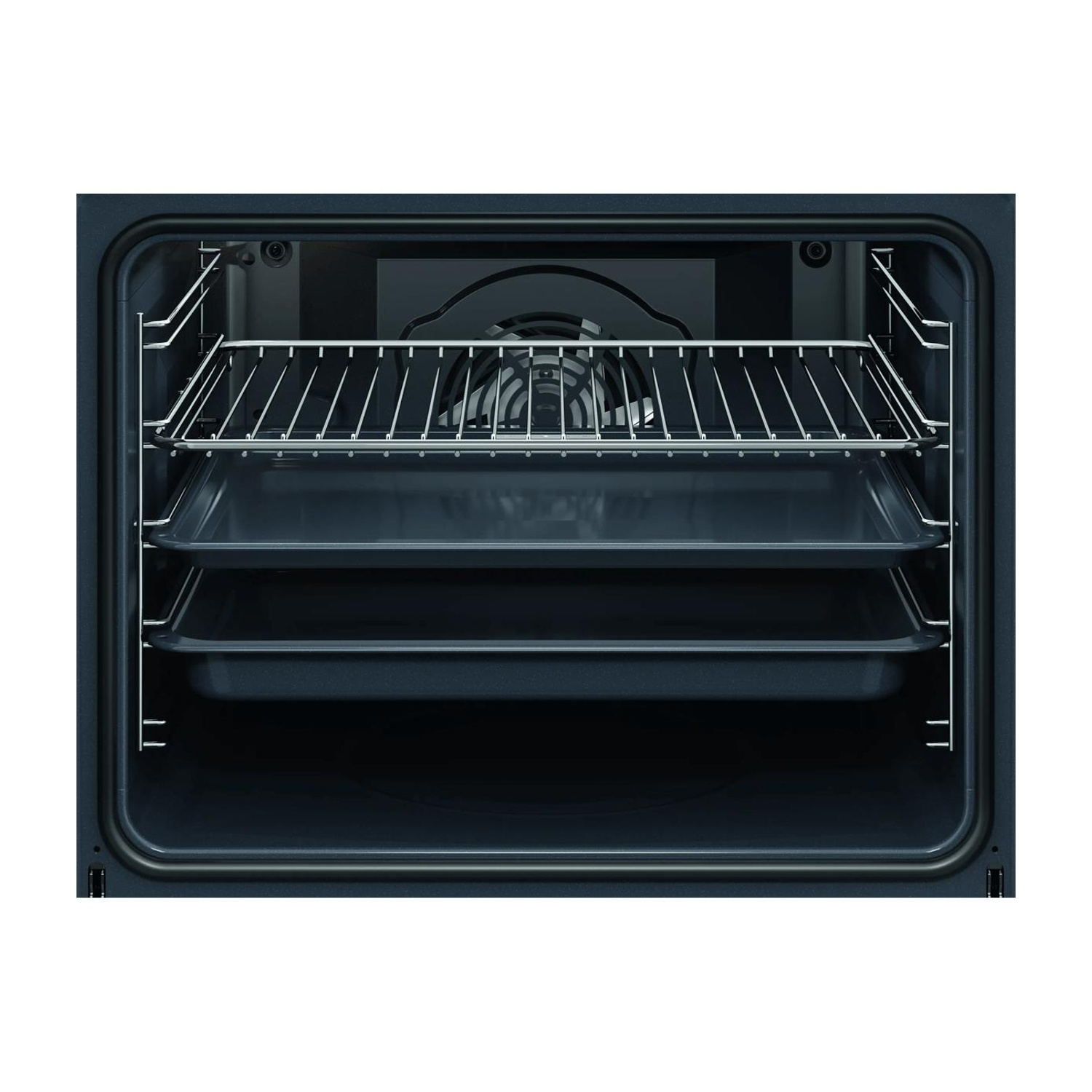 Interno di un forno moderno con una griglia e due teglie nere.