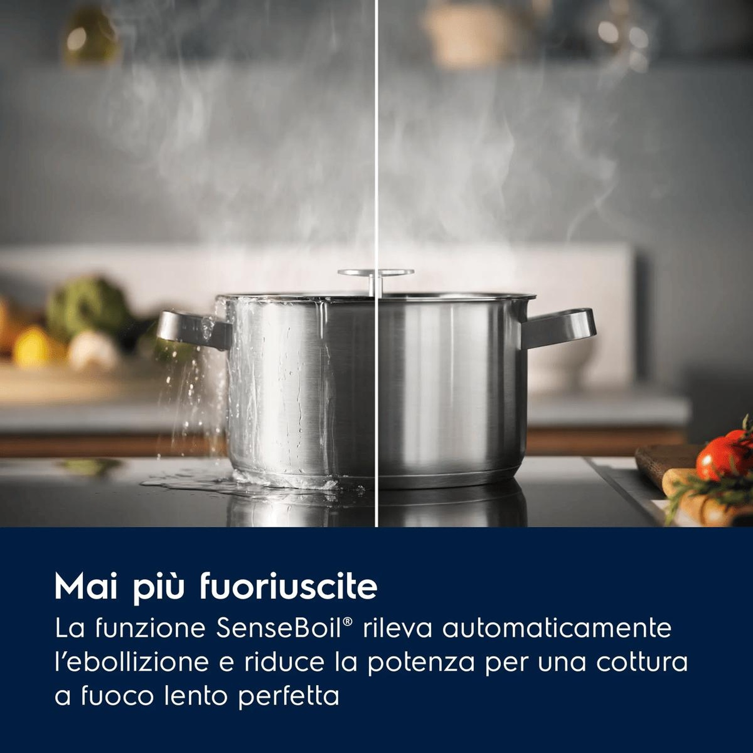 Confronto di due pentole: una trabocca, l'altra rimane stabile con SenseBoil.
