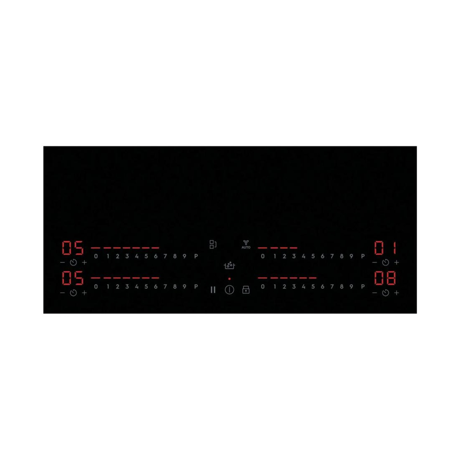 Piano cottura a induzione nero con display LED rossi, controlli touch e vari livelli di calore per quattro zone.