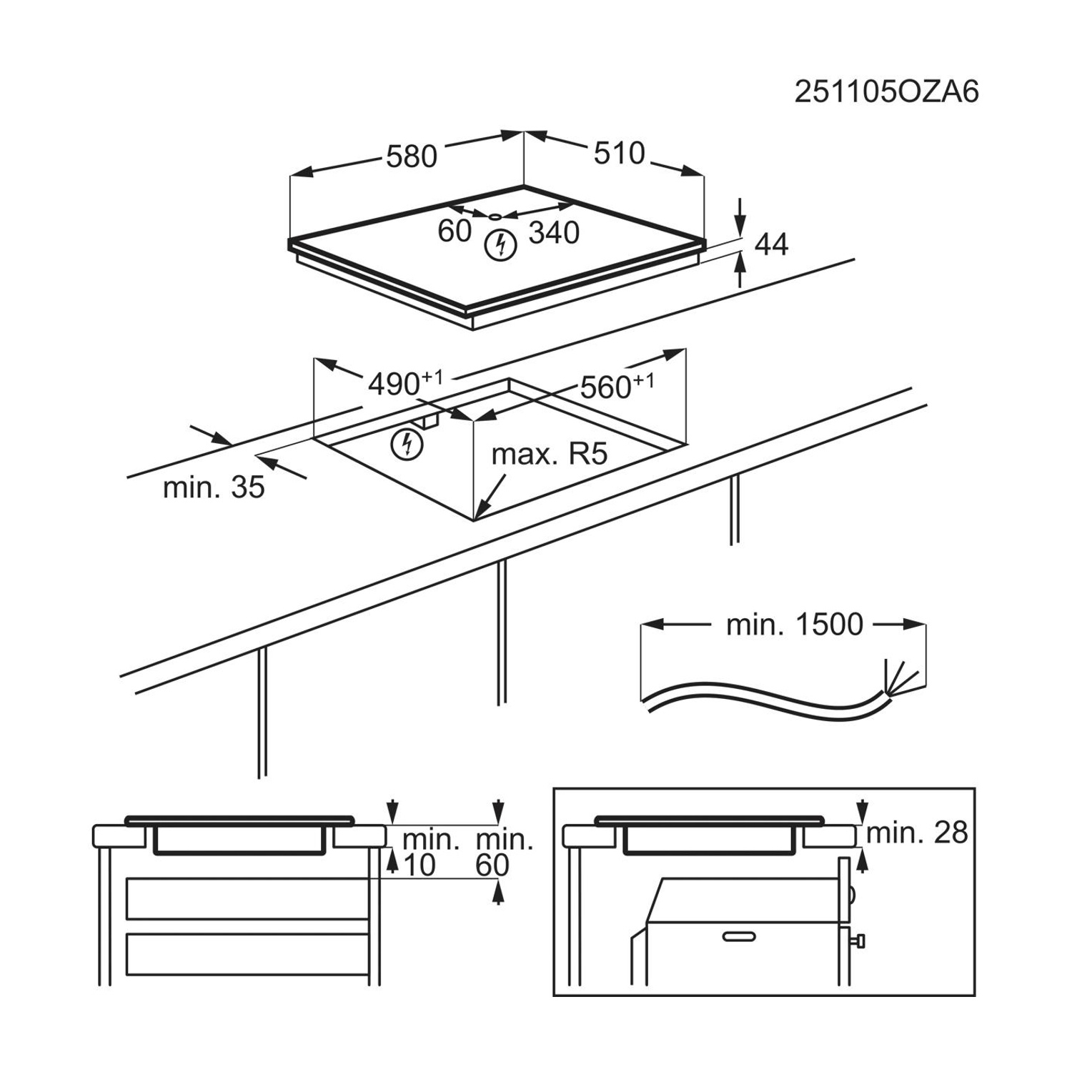 Disegno tecnico che mostra le dimensioni di installazione per un piano cottura su un top cucina, in millimetri.