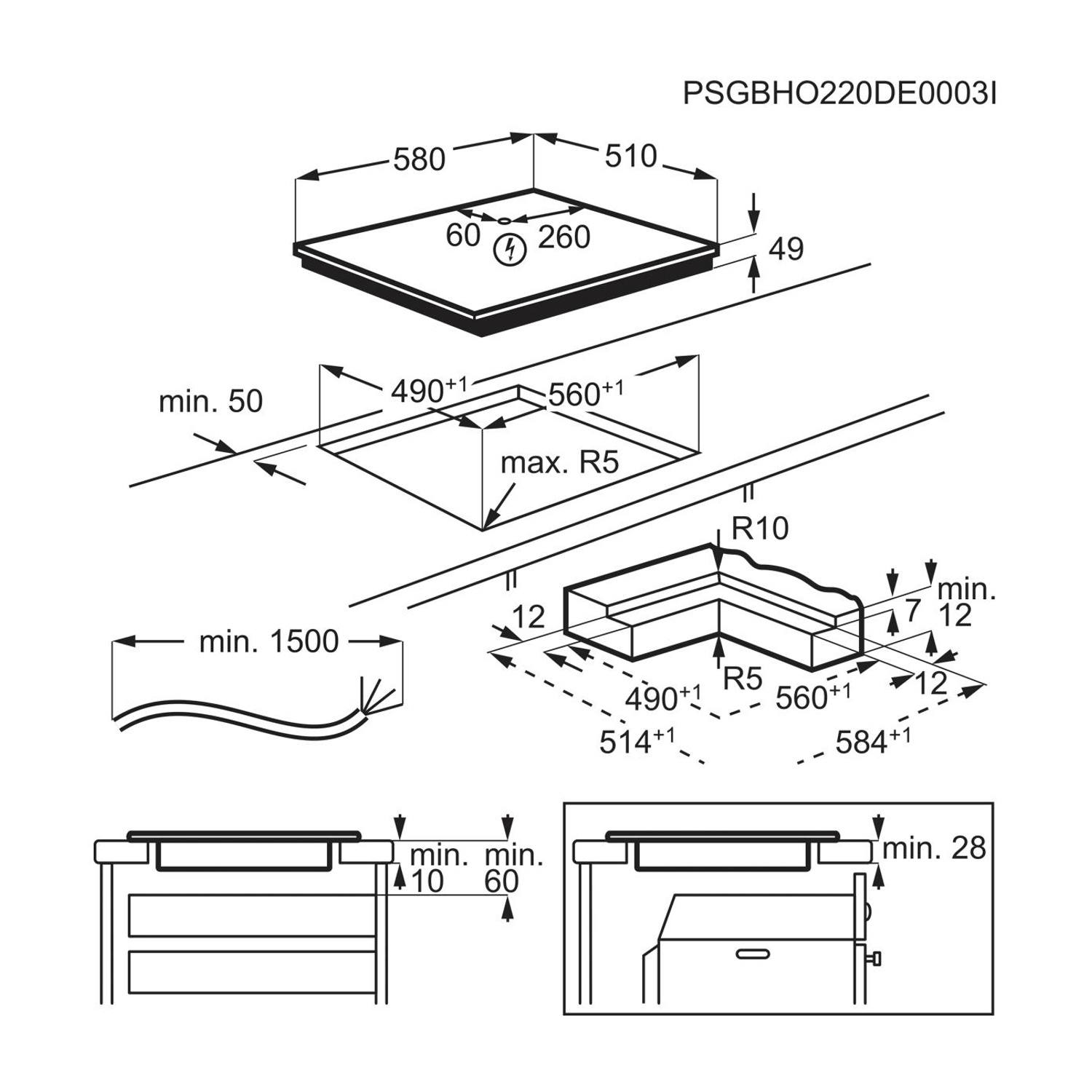 Disegno tecnico di un piano cottura con quote di installazione e ritaglio.