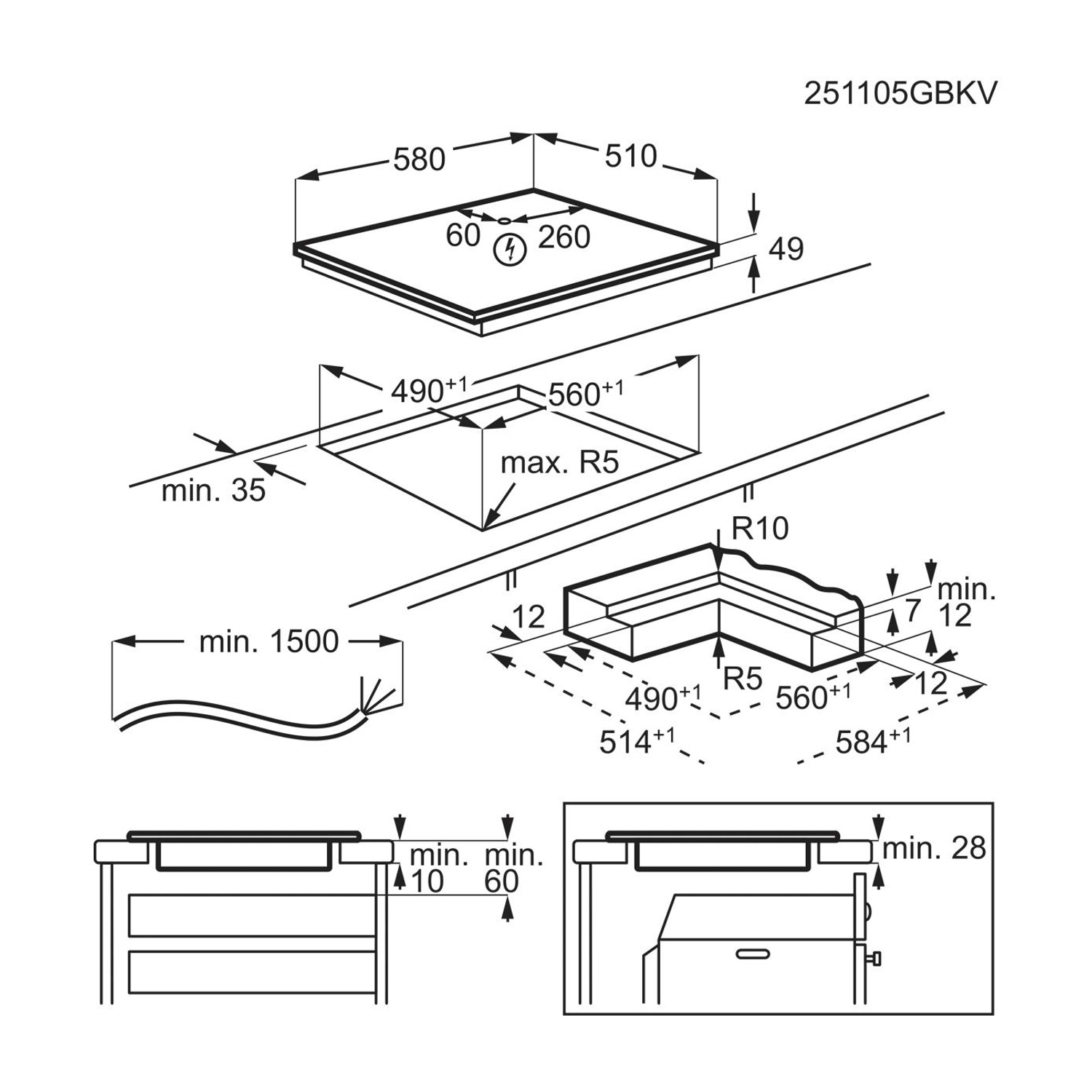 Disegno tecnico di un piano cottura con quote di installazione e distanze.