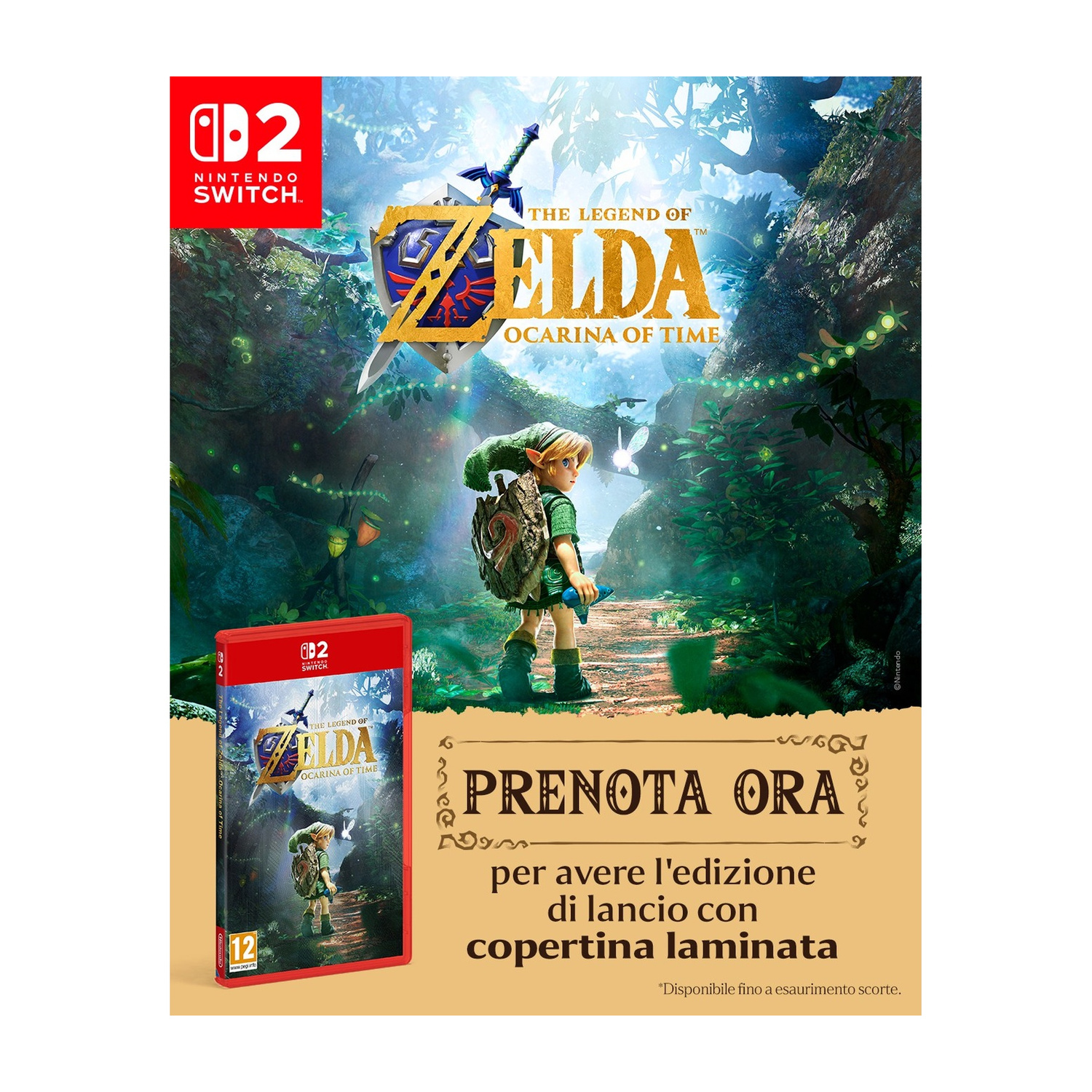 Link in un bosco guarda Zelda: Ocarina of Time per Nintendo Switch 2, con testo di prenotazione.