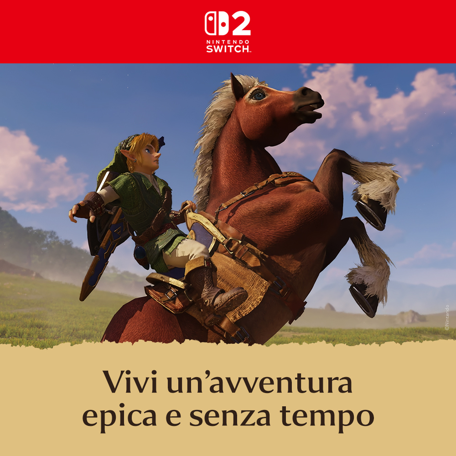 Link cavalca un cavallo marrone impennato in un campo verde sotto una fascia rossa Nintendo Switch 2.