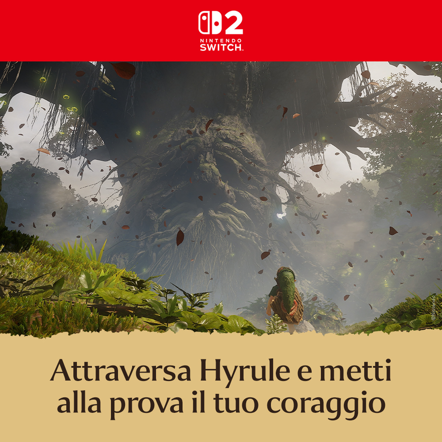 Un piccolo personaggio di fronte a un albero gigante con un volto scolpito in una foresta nebbiosa.
