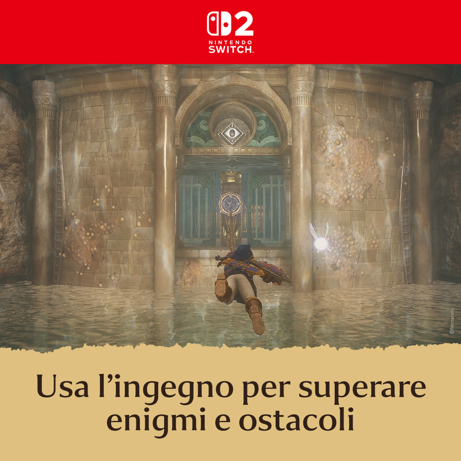 Un personaggio salta verso un'antica porta di pietra in acqua bassa sotto un banner di Nintendo Switch 2.