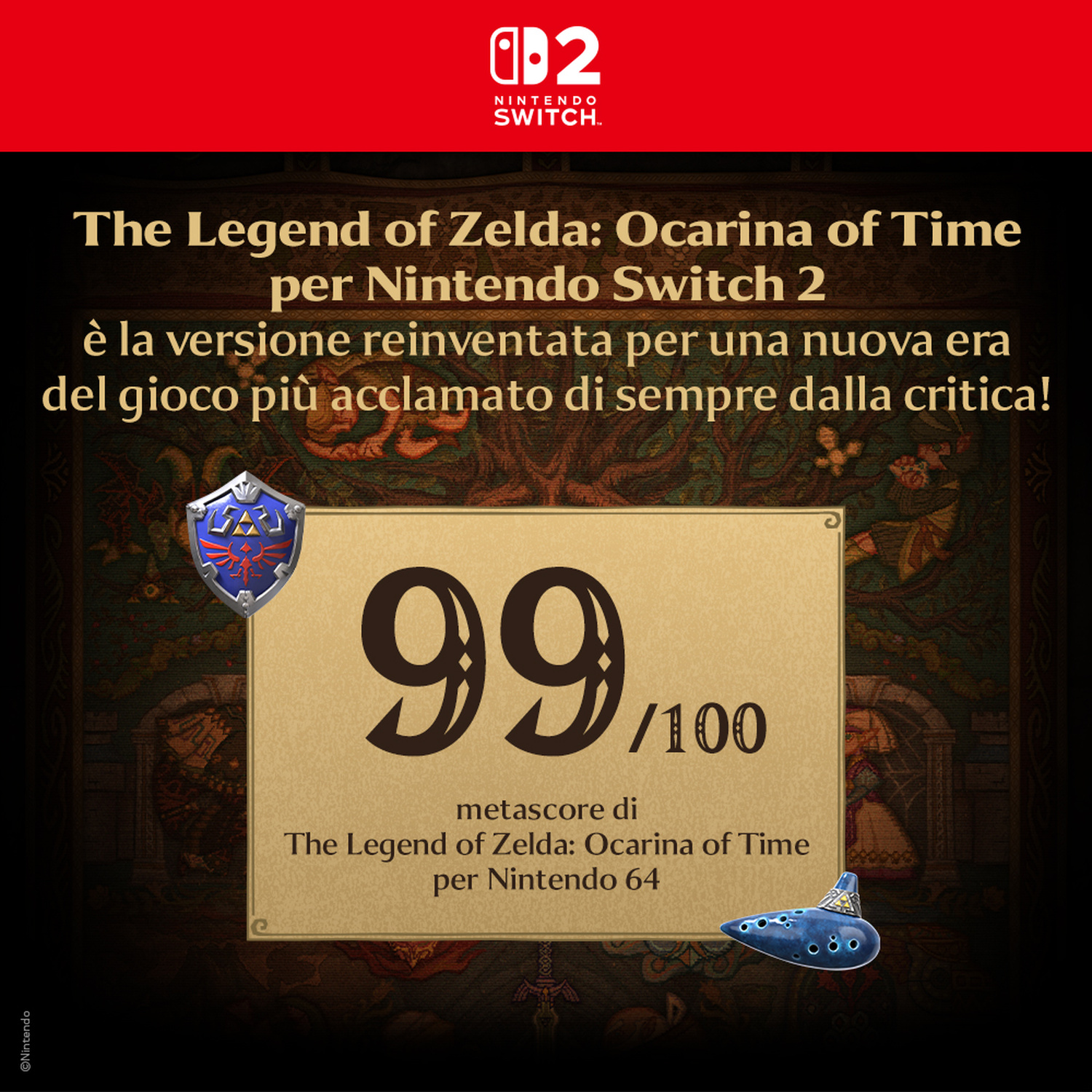 Annuncio per Zelda: Ocarina of Time su Nintendo Switch 2, con metascore 99/100, scudo e ocarina.