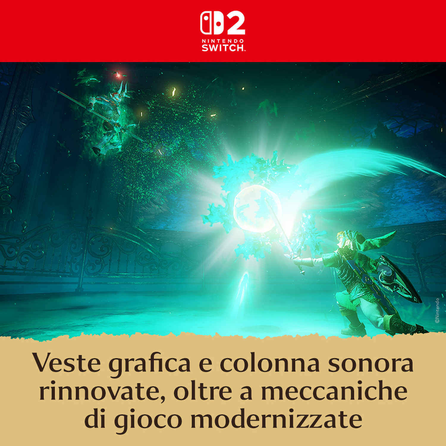 Link combatte un nemico con magia verde luminosa in una stanza buia.