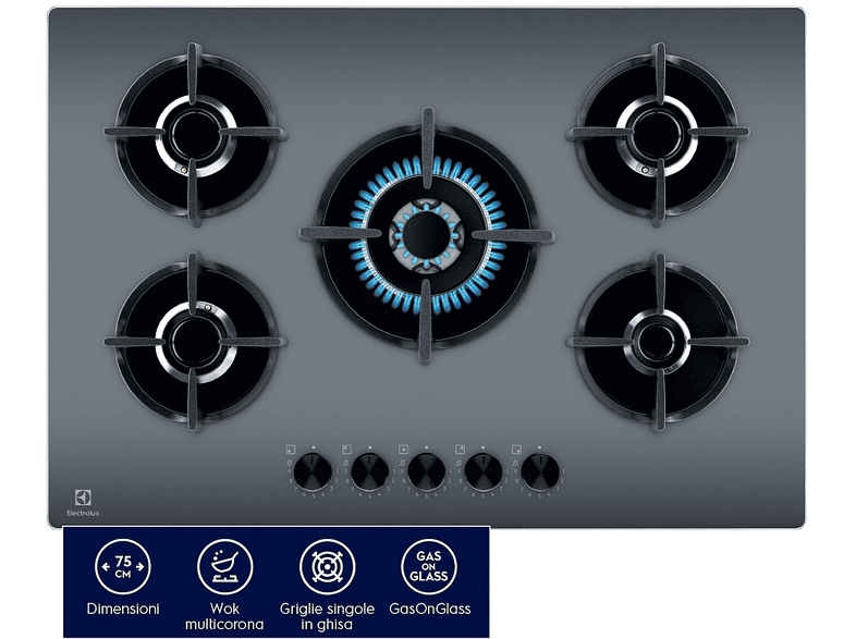 ELECTROLUX EGG75372M PIANO COTTURA GAS, 5 zone di cottura, dimensioni: L 74 cm, P 51 Specchiante