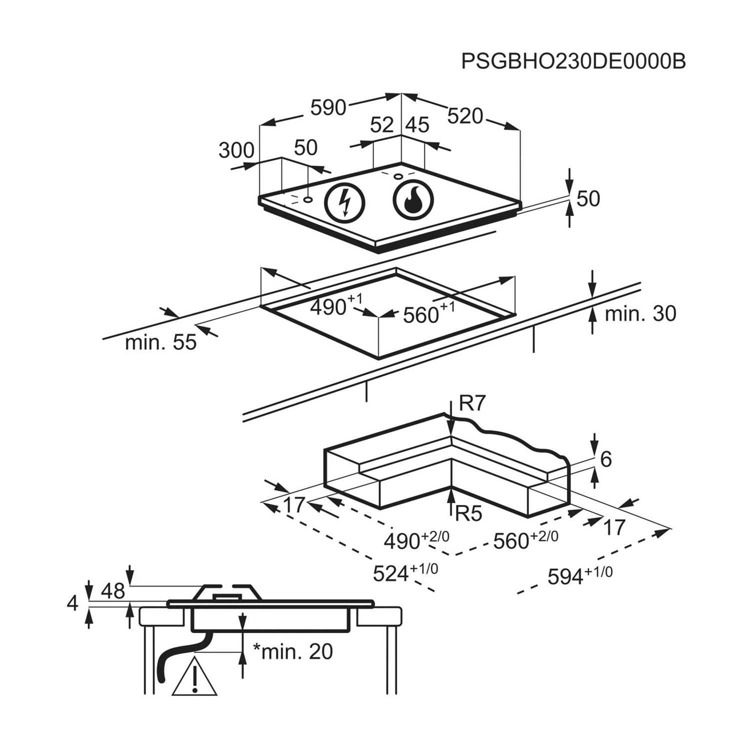 Disegno tecnico di un piano cottura con quote, dimensioni di taglio e profondità.