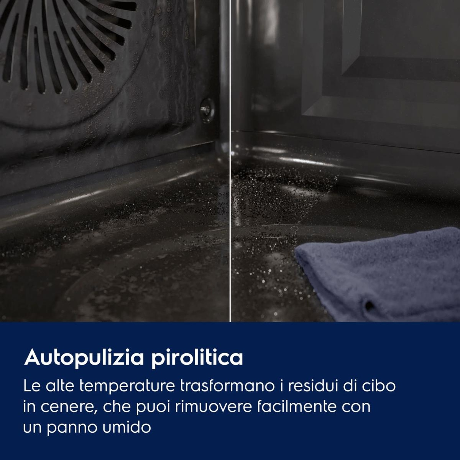 Confronto interno forno: sporco a sinistra, e pulito con cenere e panno a destra dopo la pirolisi.