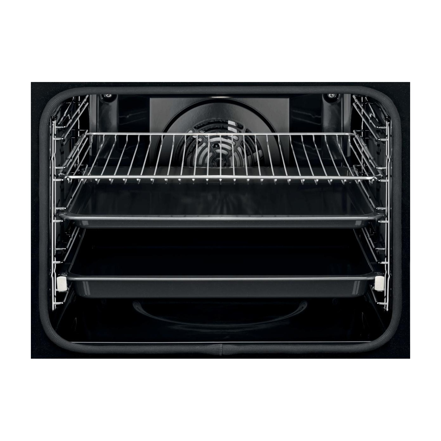 L'interno di un forno nero con una griglia metallica e due teglie da forno.
