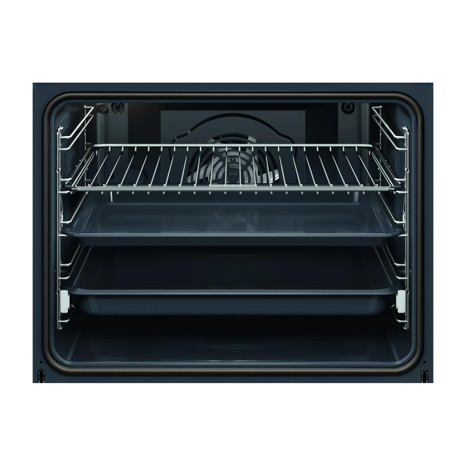 L'interno di un forno moderno con una griglia e due teglie nere.