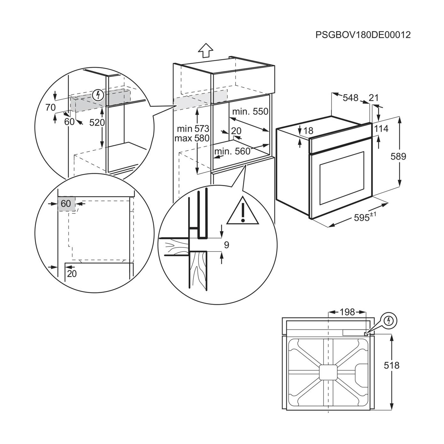 Disegno tecnico di un forno da incasso che mostra le dimensioni per l'installazione.