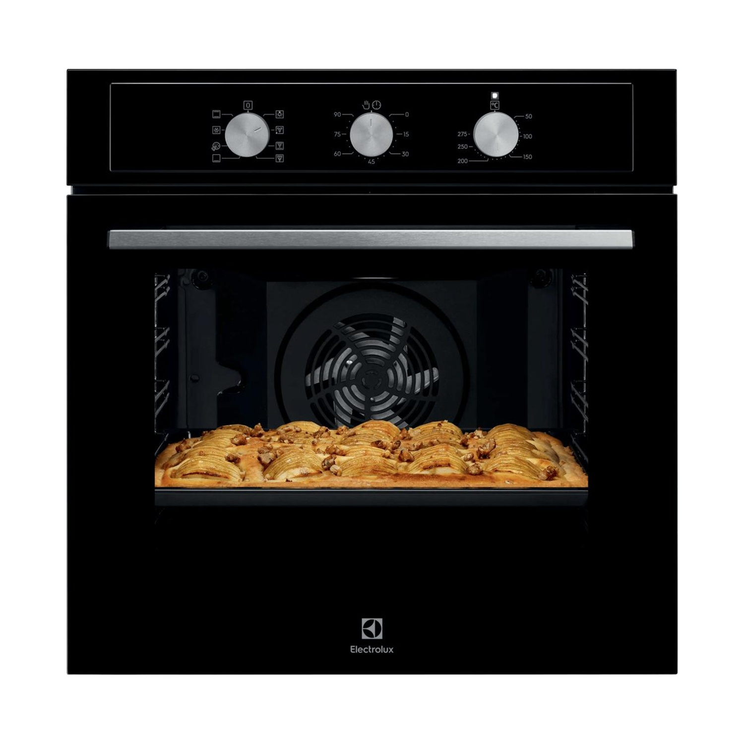 Un forno a incasso nero Electrolux con una torta in cottura su una teglia.