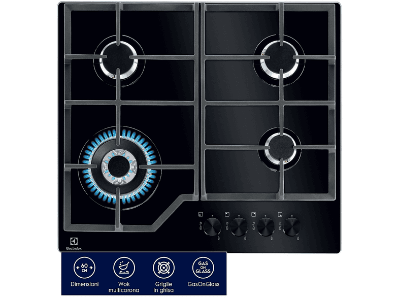 ELECTROLUX EGM6343YAK PIANO COTTURA GAS, 4 zone di cottura, dimensioni: L 59 cm, P 52 Nero
