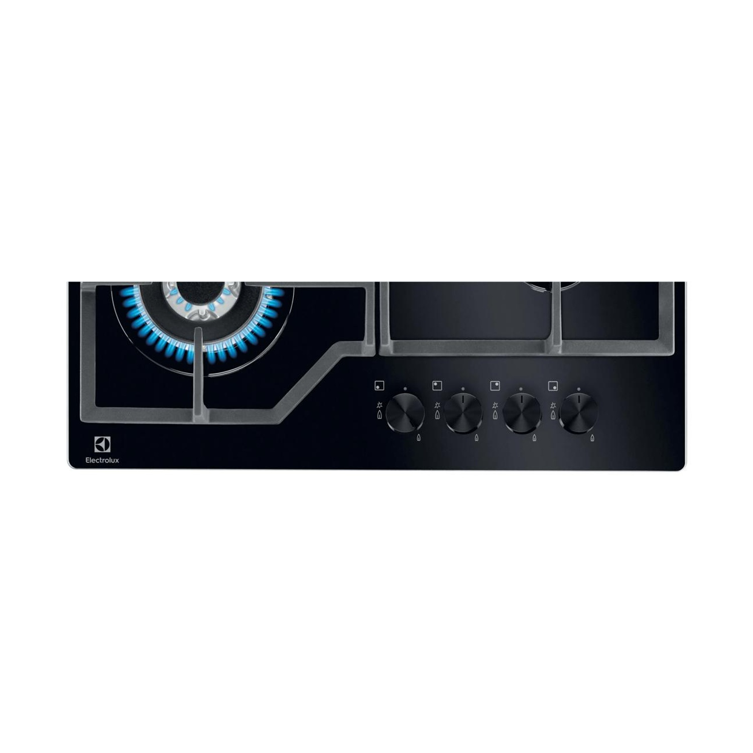Un piano cottura a gas Electrolux nero con un bruciatore acceso da una fiamma blu e quattro manopole.