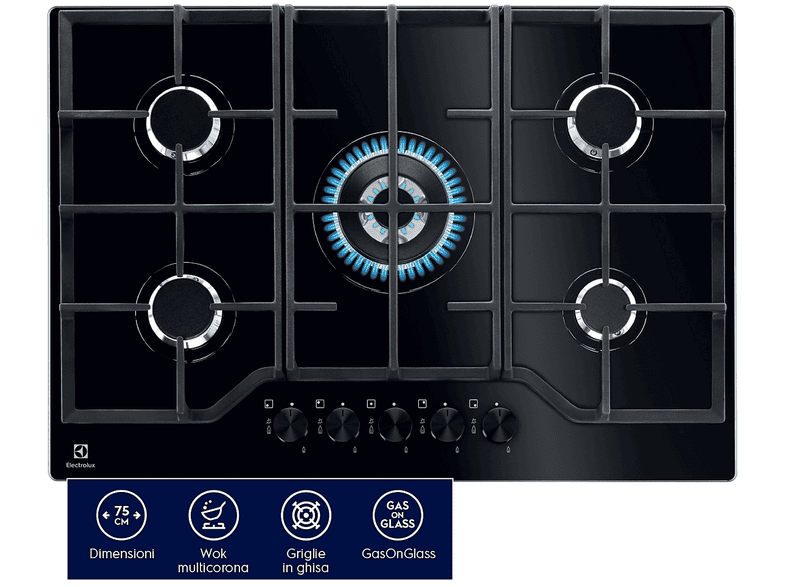ELECTROLUX EGG7536K PIANO COTTURA GAS, 5 zone di cottura, dimensioni: L 74 cm, P 51 Nero