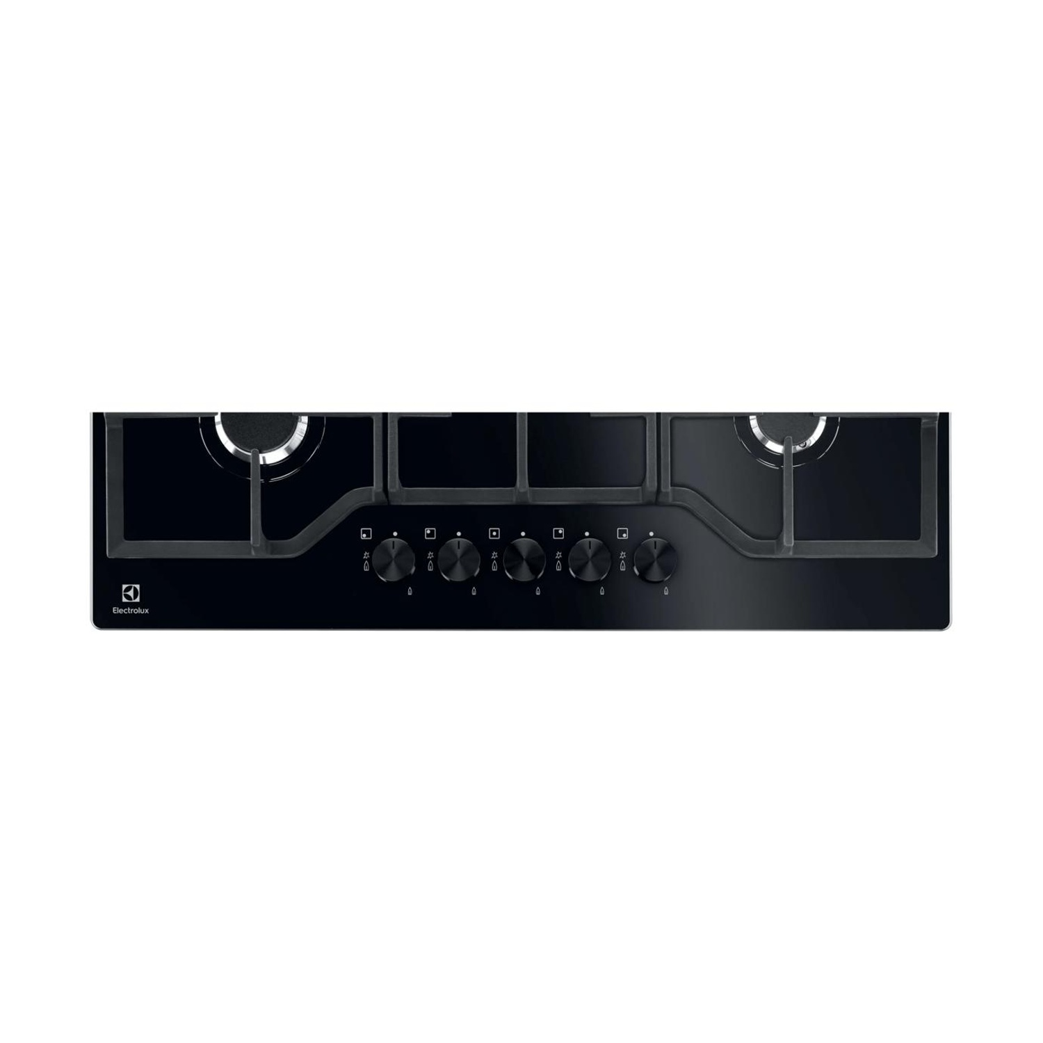 Un piano cottura a gas Electrolux nero con cinque manopole rotonde e supporti in ghisa su sfondo chiaro.