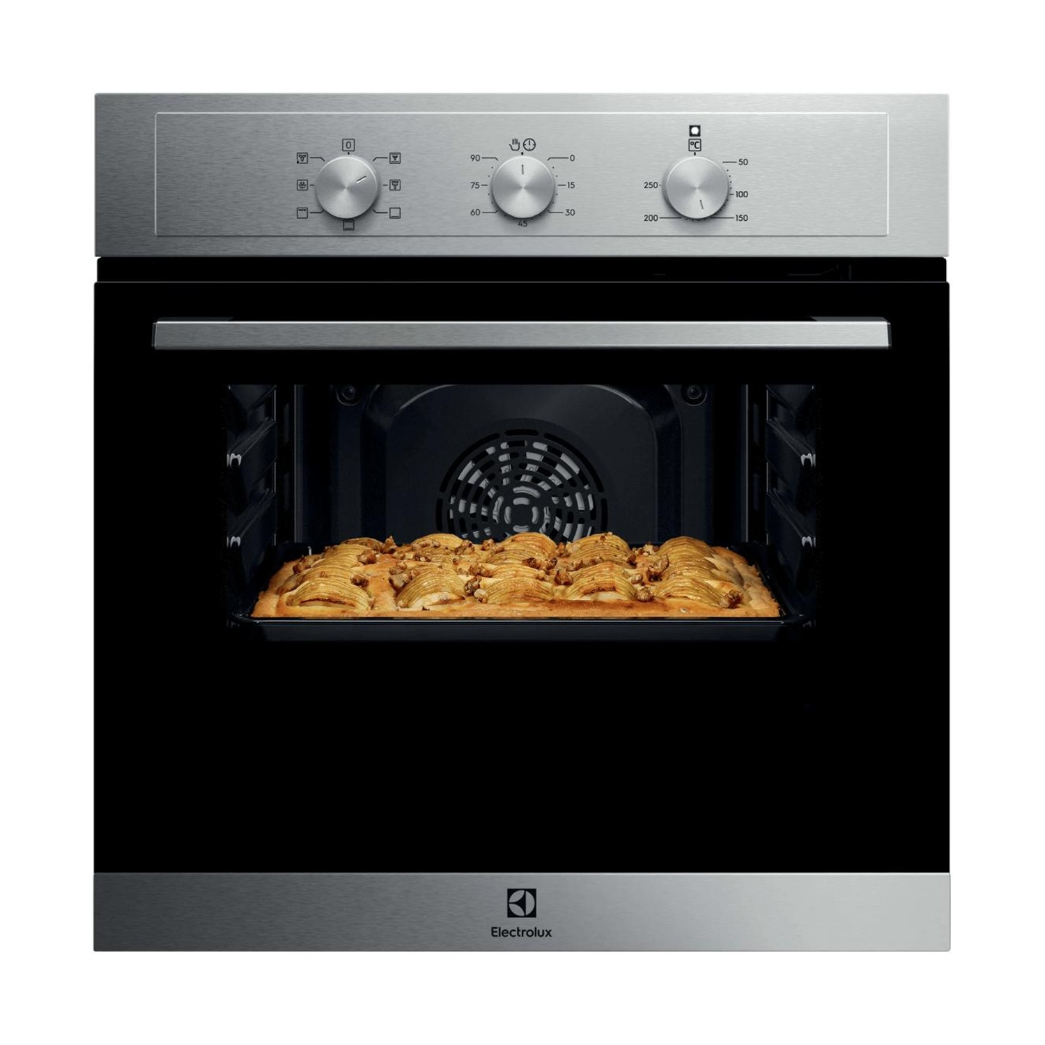 Un forno in acciaio inox con porta in vetro nero mostra una torta di pere cotta all'interno.