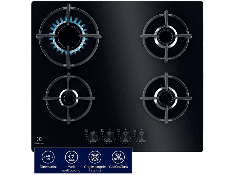 ELECTROLUX EGG64272K PIANO COTTURA GAS, 4 zone di cottura, dimensioni: L 59 cm, P 52 Nero
