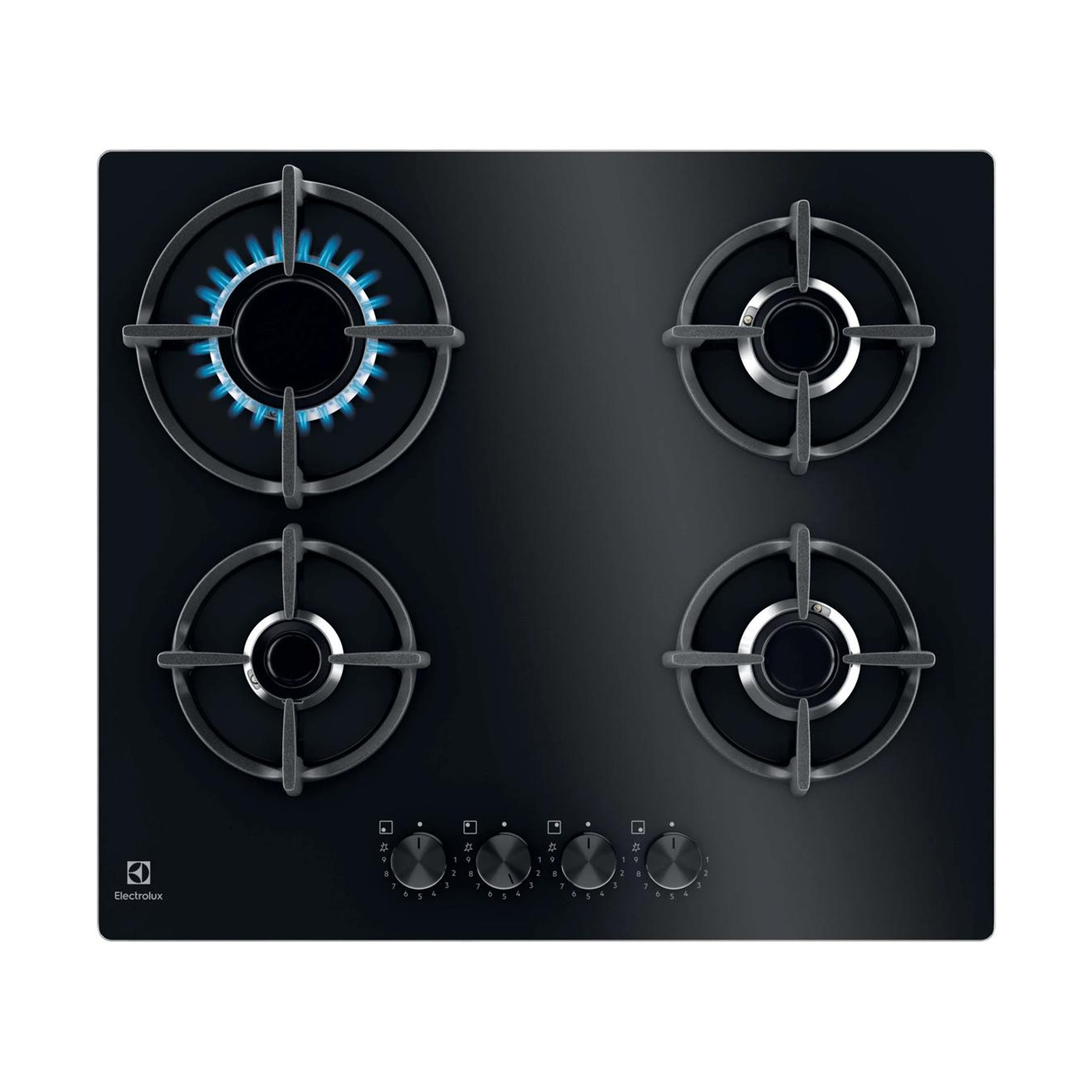 Piano cottura a gas nero Electrolux con quattro bruciatori, fiamma blu in alto a sinistra.