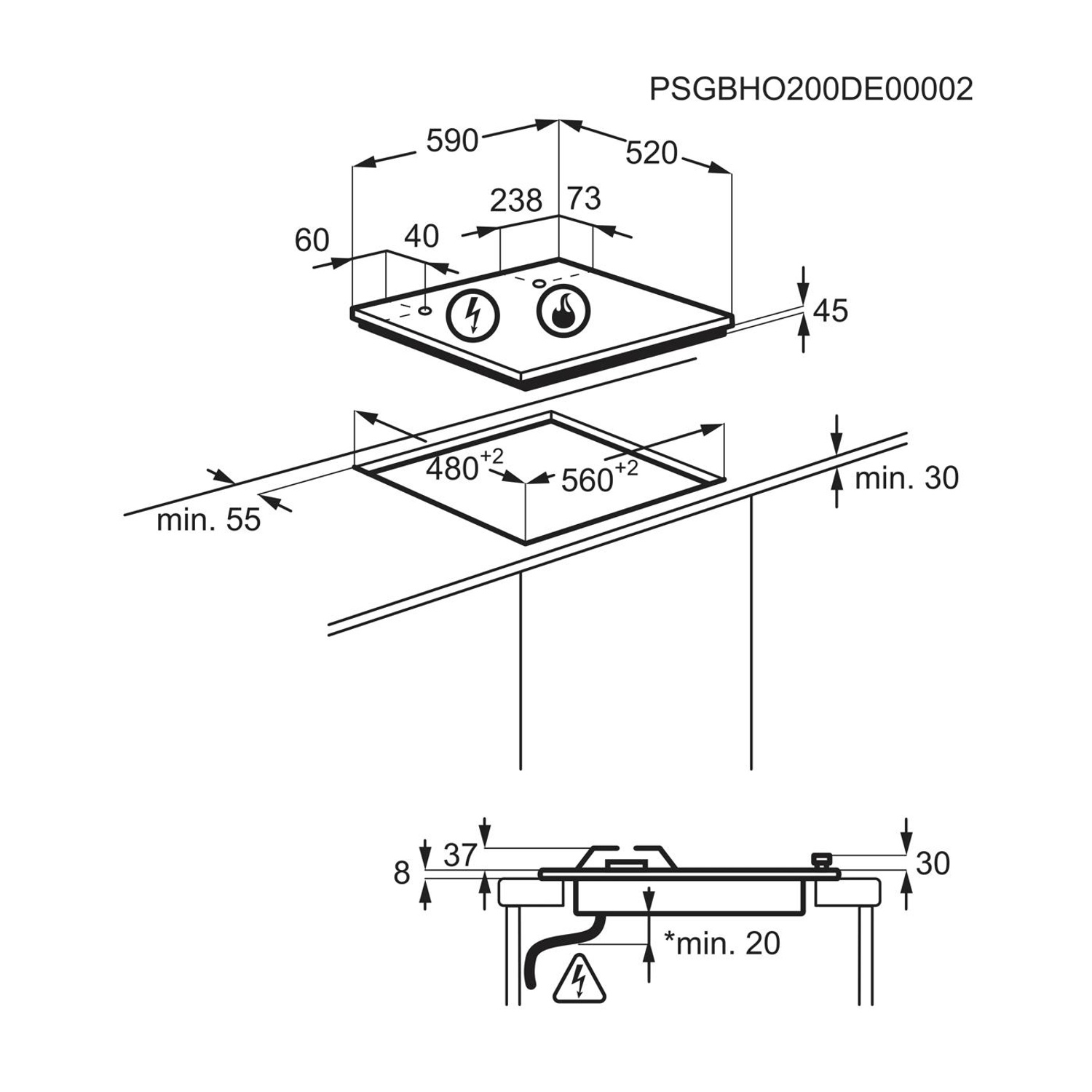 Disegno tecnico di un piano cottura con quote di installazione e dimensioni in millimetri.