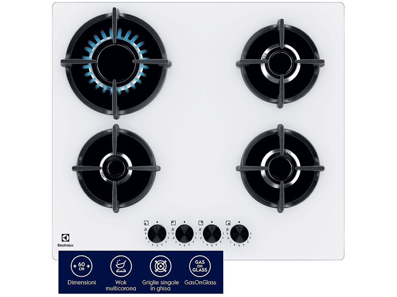 ELECTROLUX EGG64272W PIANO COTTURA GAS, 4 zone di cottura, dimensioni: L 59 cm, P 52 Bianco
