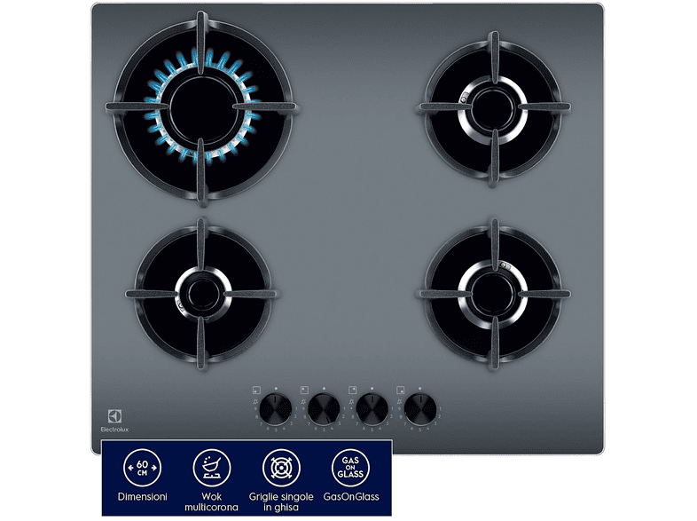 ELECTROLUX EGG64272M PIANO COTTURA GAS, 4 zone di cottura, dimensioni: L 59 cm, P 52 Specchiante